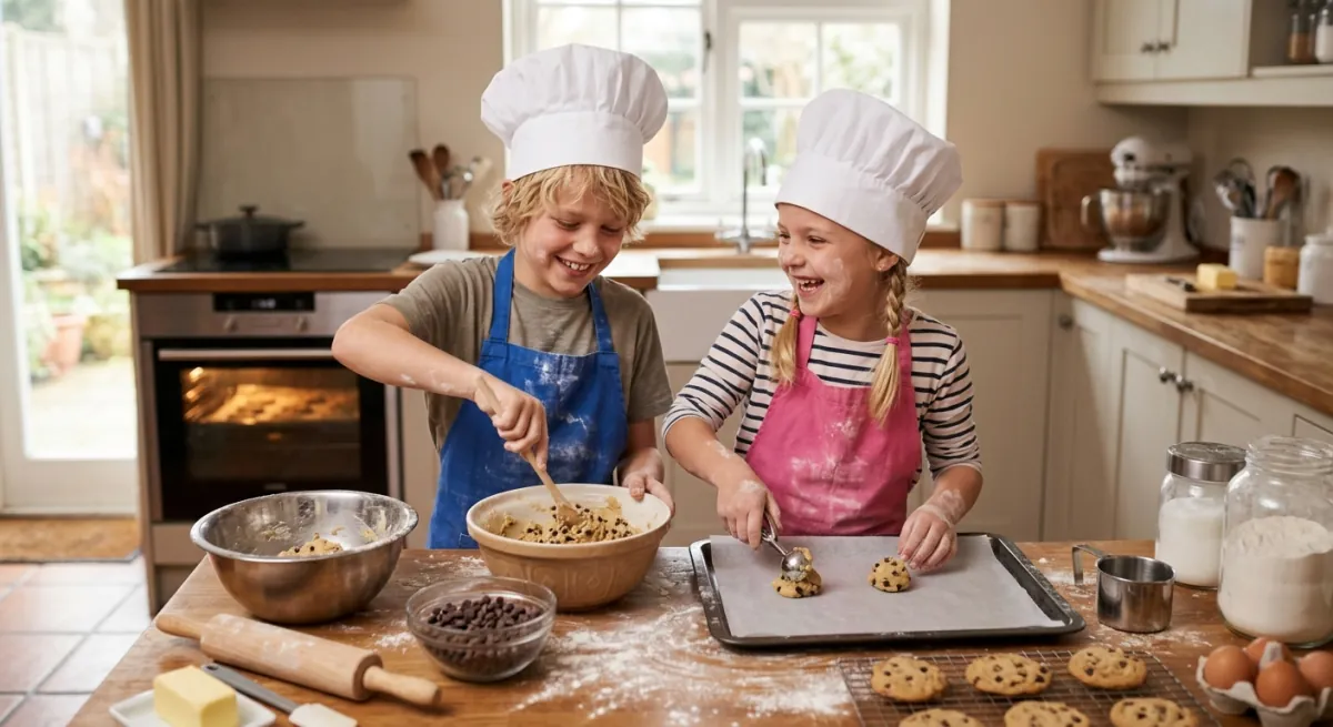 Two children in chef hats baking chocolate-chip cookies together in a kitchen.